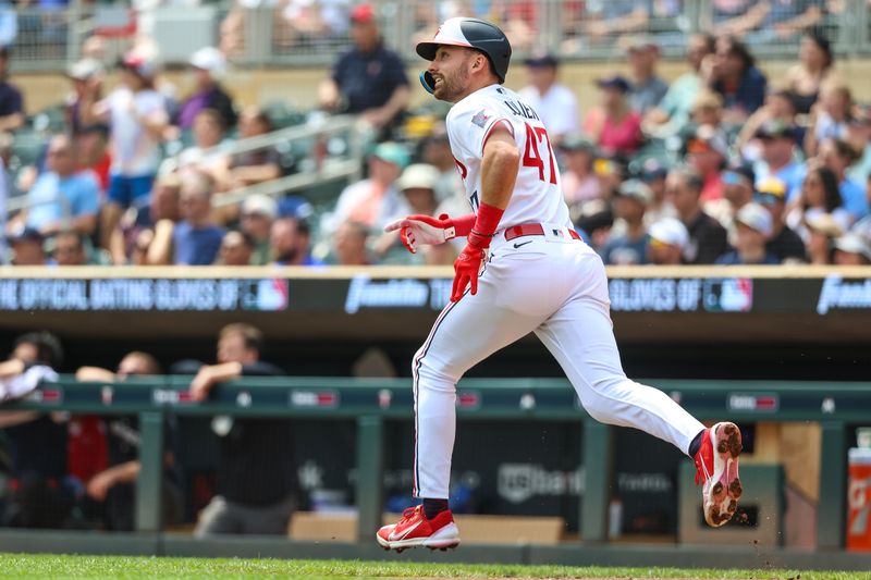 May 24, 2023; Minneapolis, Minnesota, USA; Minnesota Twins second baseman Edouard Julien (47) hits a home run against the San Francisco Giants during the first inning at Target Field. Mandatory Credit: Matt Krohn-USA TODAY Sports