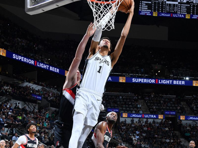 SAN ANTONIO, TX - NOVEMBER 7: Victor Wembanyama #1 of the San Antonio Spurs drives to the basket during the game against the Portland Trail Blazers on November 7, 2024 at the Frost Bank Center in San Antonio, Texas. NOTE TO USER: User expressly acknowledges and agrees that, by downloading and or using this photograph, user is consenting to the terms and conditions of the Getty Images License Agreement. Mandatory Copyright Notice: Copyright 2024 NBAE (Photos by Michael Gonzales/NBAE via Getty Images)