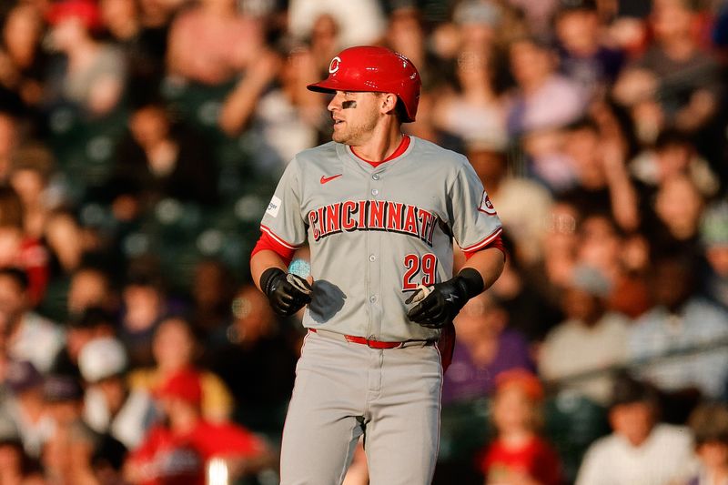 Jun 3, 2024; Denver, Colorado, USA; Cincinnati Reds center fielder TJ Friedl (29) looks on after hitting an RBI single in the fourth inning against the Colorado Rockies at Coors Field. Mandatory Credit: Isaiah J. Downing-USA TODAY Sports