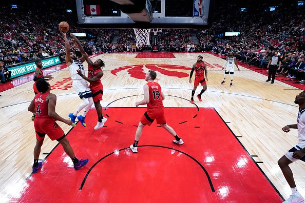 TORONTO, CANADA - OCTOBER 25: Karl-Anthony Towns #32 of the Minnesota Timberwolves shoots the ball during the game against the Toronto Raptors on October 25, 2023 at the Scotiabank Arena in Toronto, Ontario, Canada.  NOTE TO USER: User expressly acknowledges and agrees that, by downloading and or using this Photograph, user is consenting to the terms and conditions of the Getty Images License Agreement.  Mandatory Copyright Notice: Copyright 2023 NBAE (Photo by Mark Blinch/NBAE via Getty Images)