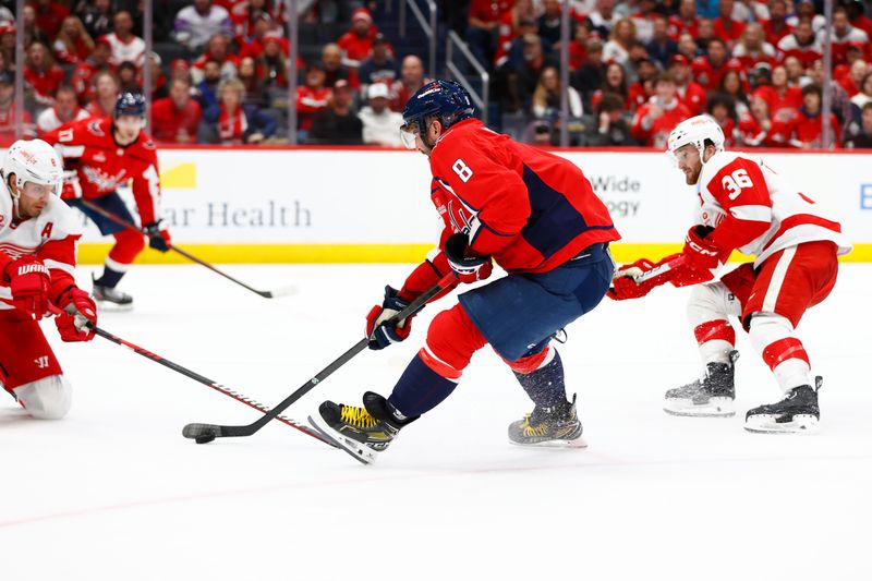 Mar 26, 2024; Washington, District of Columbia, USA; Washington Capitals left wing Alex Ovechkin (8) controls the puck against the Detroit Red Wings during the third period at Capital One Arena. Mandatory Credit: Amber Searls-USA TODAY Sports