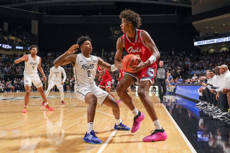 Nov 12, 2024; Orlando, Florida, USA; UCF Knights guard Jordan Ivy-Curry (0) defends Florida Atlantic Owls forward Baba Miller (18) during the first half at Addition Financial Arena. Mandatory Credit: Mike Watters-Imagn Images