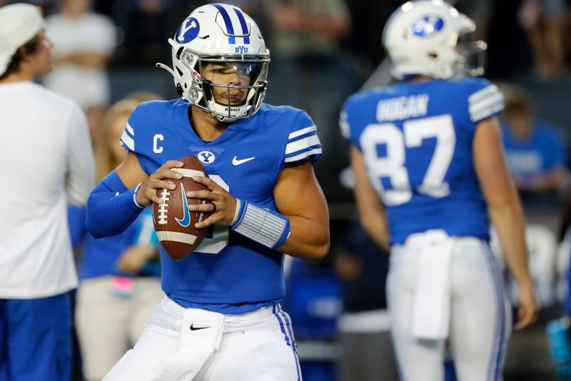 Sep 11, 2021; Provo, Utah, USA; Brigham Young Cougars quarterback Jaren Hall (3) prepares for their game against the Utah Utes at LaVell Edwards Stadium. Mandatory Credit: Jeffrey Swinger-USA TODAY Sports