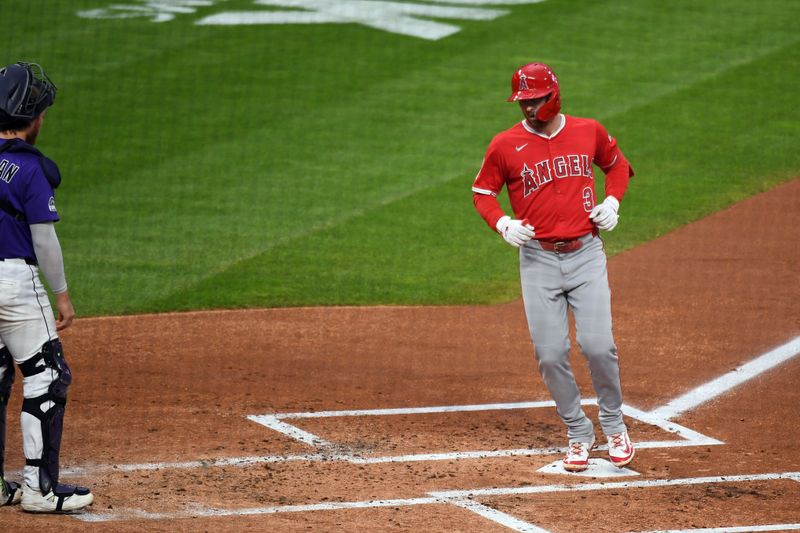 Sep 20, 2025; Denver, Colorado, USA; Los Angeles Angels outfielder Taylor Ward (3) after a home run during the second inning against the Colorado Rockies at Coors Field. Mandatory Credit: Christopher Hanewinckel-Imagn Images