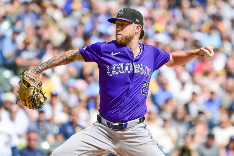 Sep 8, 2024; Milwaukee, Wisconsin, USA; Colorado Rockies starting pitcher Kyle Freeland (21) pitches in the first inning against the Milwaukee Brewers at American Family Field. Mandatory Credit: Benny Sieu-Imagn Images