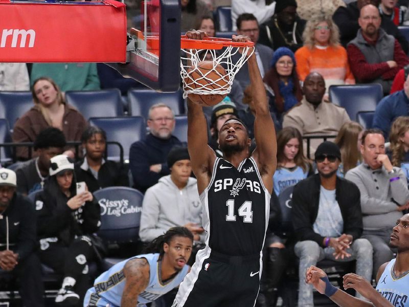 MEMPHIS, TN - JANUARY 2:  Blake Wesley #14 of the San Antonio Spurs goes to the basket during the game on January 2, 2024 at FedExForum in Memphis, Tennessee. NOTE TO USER: User expressly acknowledges and agrees that, by downloading and or using this photograph, User is consenting to the terms and conditions of the Getty Images License Agreement. Mandatory Copyright Notice: Copyright 2024 NBAE (Photo by Joe Murphy/NBAE via Getty Images)