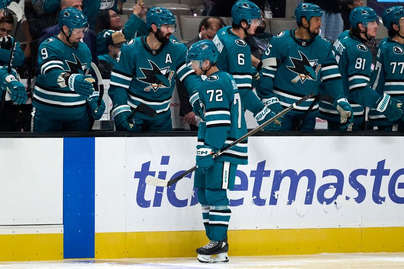 Oct 1, 2025; San Jose, California, USA; San Jose Sharks left wing William Eklund (72) shakes hands with his teammates after scoring a goal against the Anaheim Ducks during the third period at SAP Center at San Jose. Mandatory Credit: Robert Edwards-Imagn Images