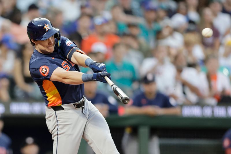 Jul 20, 2024; Seattle, Washington, USA; Houston Astros center fielder Jake Meyers (6) hits a two-run home run against the Seattle Mariners during the seventh inning at T-Mobile Park. Mandatory Credit: John Froschauer-USA TODAY Sports