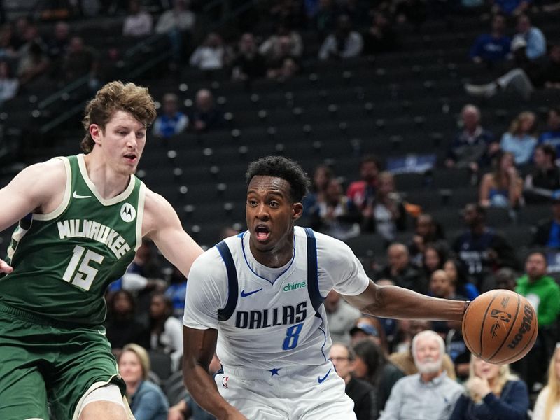 DALLAS, TX - OCTOBER 17: Olivier Maxence-Prosper #8 of the Dallas Mavericks dribbles the ball during the game against the Milwaukee Bucks during a NBA preseason game on October 17, 2024 at American Airlines Center in Dallas, Texas. NOTE TO USER: User expressly acknowledges and agrees that, by downloading and or using this photograph, User is consenting to the terms and conditions of the Getty Images License Agreement. Mandatory Copyright Notice: Copyright 2024 NBAE (Photo by Glenn James/NBAE via Getty Images)