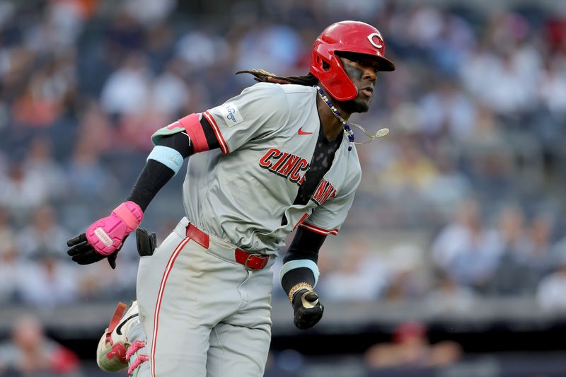 Jul 2, 2024; Bronx, New York, USA; Cincinnati Reds shortstop Elly De La Cruz (44) runs out a triple against the New York Yankees during the fourth inning at Yankee Stadium. Mandatory Credit: Brad Penner-USA TODAY Sports