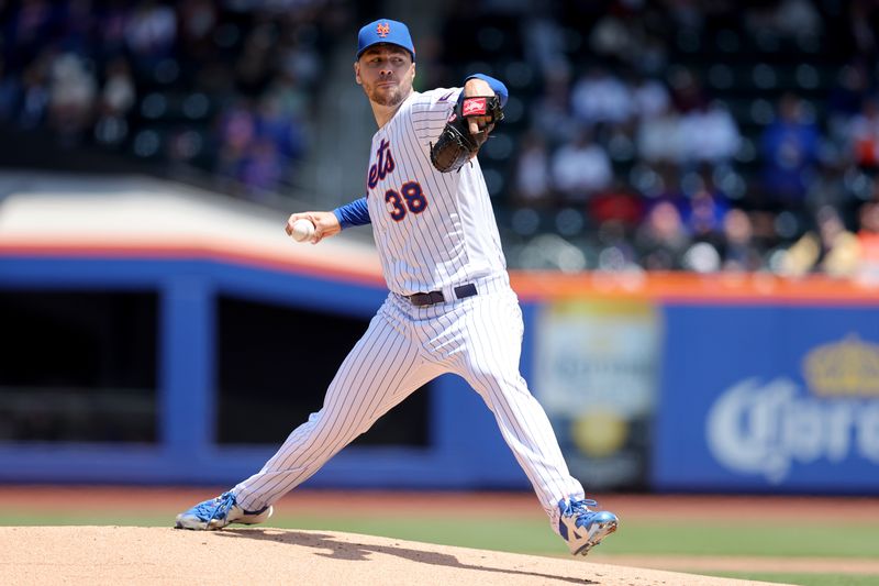 May 18, 2023; New York City, New York, USA; New York Mets starting pitcher Tylor Megill (38) pitches against the Tampa Bay Rays during the first inning at Citi Field. Mandatory Credit: Brad Penner-USA TODAY Sports