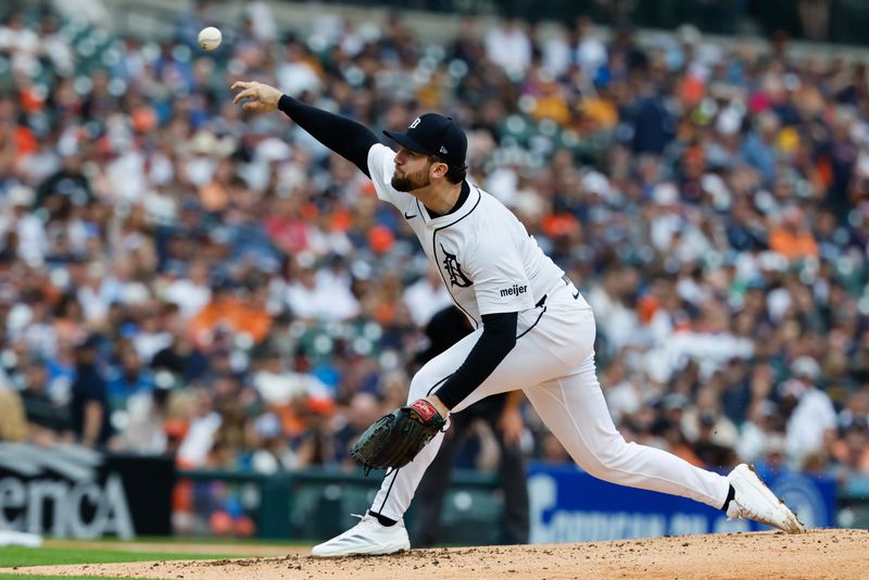 Sep 21, 2025; Detroit, Michigan, USA;  Detroit Tigers pitcher Casey Mize (12) pitches in the third inning against the Atlanta Braves at Comerica Park. Mandatory Credit: Rick Osentoski-Imagn Images