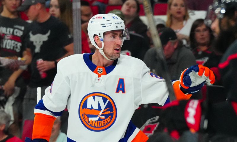 Apr 30, 2024; Raleigh, North Carolina, USA; New York Islanders center Brock Nelson (29) celebrates his goal against the Carolina Hurricanes during the first period in game five of the first round of the 2024 Stanley Cup Playoffs at PNC Arena. Mandatory Credit: James Guillory-USA TODAY Sports