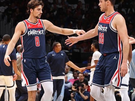 WASHINGTON, DC -? OCTOBER 28: Deni Avdija #8 and Danilo Gallinari #88 of the Washington Wizards high five during the game against the Memphis Grizzlies on October 28, 2023 at Capital One Arena in Washington, DC. NOTE TO USER: User expressly acknowledges and agrees that, by downloading and or using this Photograph, user is consenting to the terms and conditions of the Getty Images License Agreement. Mandatory Copyright Notice: Copyright 2023 NBAE (Photo by Stephen Gosling/NBAE via Getty Images)