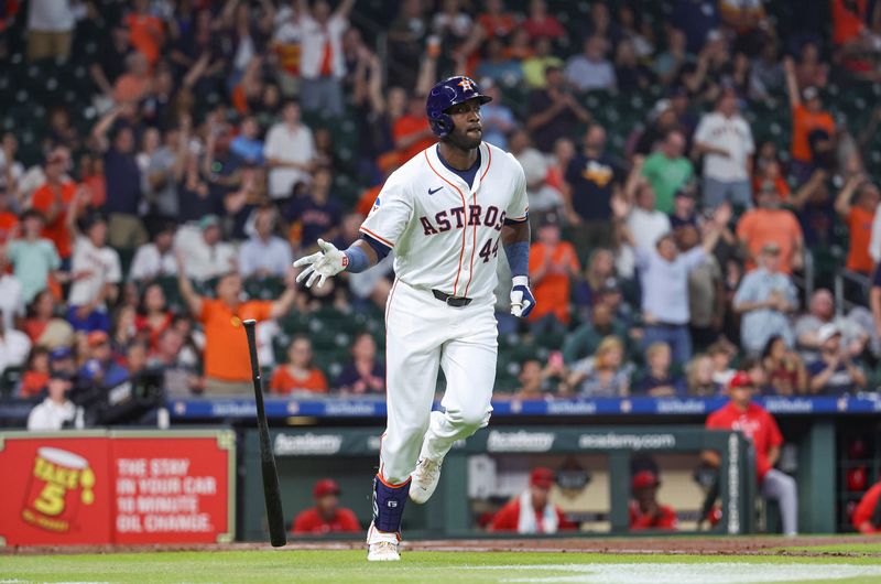 May 21, 2024; Houston, Texas, USA; Houston Astros designated hitter Yordan Alvarez (44) hits a home run during the first inning against the Los Angeles Angels at Minute Maid Park. Mandatory Credit: Troy Taormina-USA TODAY Sports