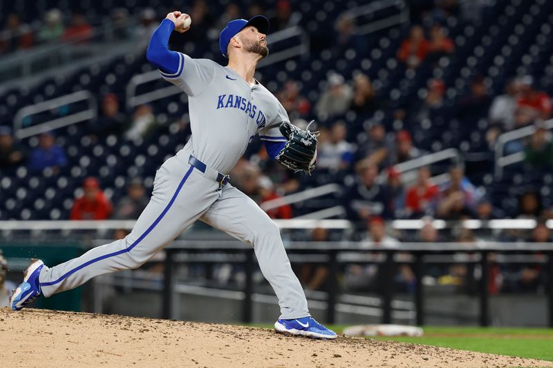 Sep 24, 2024; Washington, District of Columbia, USA; Kansas City Royals closing pitcher Lucas Erceg (60) pitches against the Washington Nationals during the tenth inning at Nationals Park. Mandatory Credit: Geoff Burke-Imagn Images