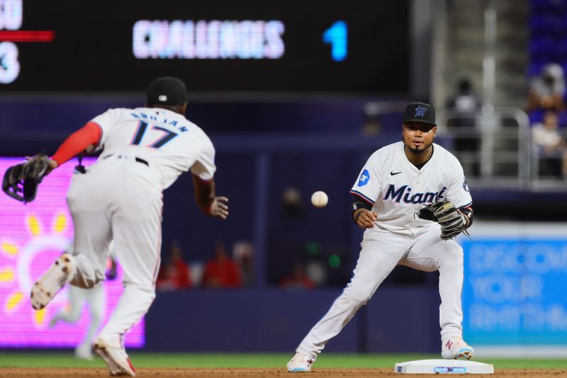 Apr 29, 2024; Miami, Florida, USA; Miami Marlins shortstop Vidal Brujan (17) tosses the baseball to second baseman Luis Arraez (3) and retires Washington Nationals outfielder Alex Call (not pictured) during the seventh inning at loanDepot Park. Mandatory Credit: Sam Navarro-USA TODAY Sports