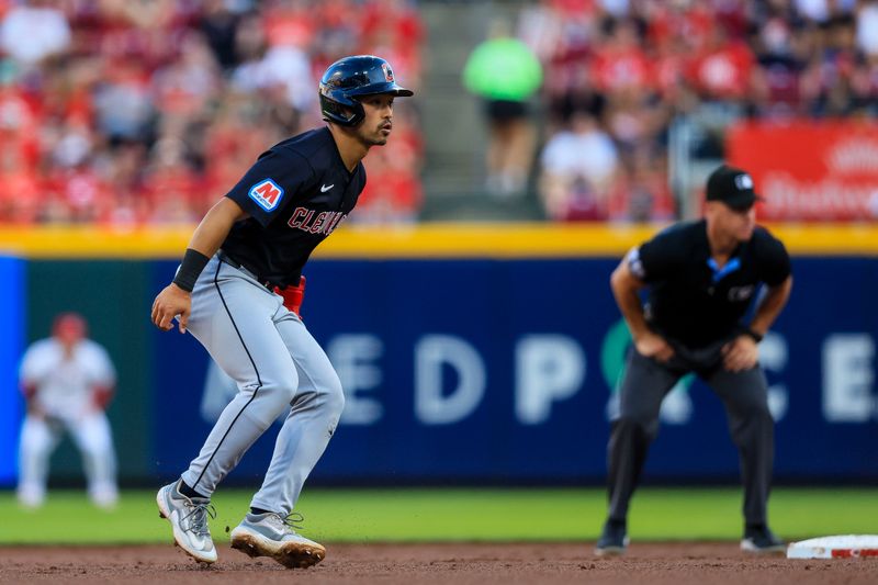 Jun 12, 2024; Cincinnati, Ohio, USA; Cleveland Guardians outfielder Steven Kwan (38) leads off from second in the third inning against the Cincinnati Reds at Great American Ball Park. Mandatory Credit: Katie Stratman-USA TODAY Sports