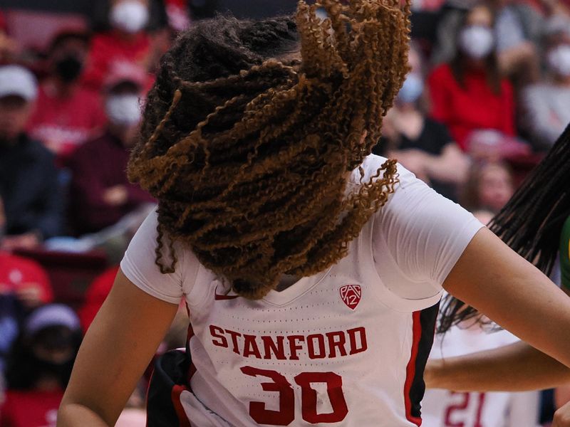 Jan 29, 2023; Stanford, California, USA; Stanford Cardinal guard Haley Jones    (30) face is covered by her hair as she controls the ball against the Oregon Ducks during the fourth quarter at Maples Pavilion. Mandatory Credit: Kelley L Cox-USA TODAY Sports