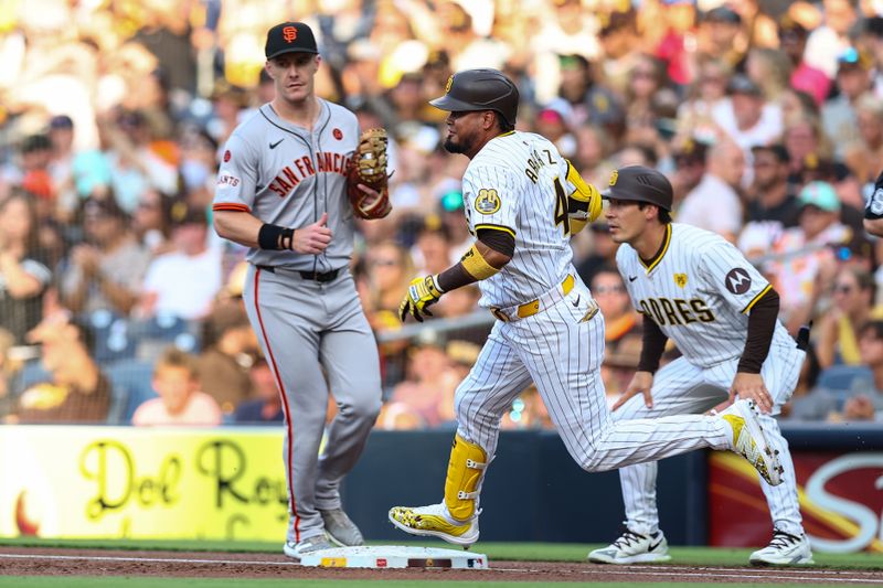 Sep 7, 2024; San Diego, California, USA; San Diego Padres designated hitter Luis Arraez (4) runs after hitting a single against the San Francisco Giants during the fist inning at Petco Park. Mandatory Credit: Chadd Cady-Imagn Images