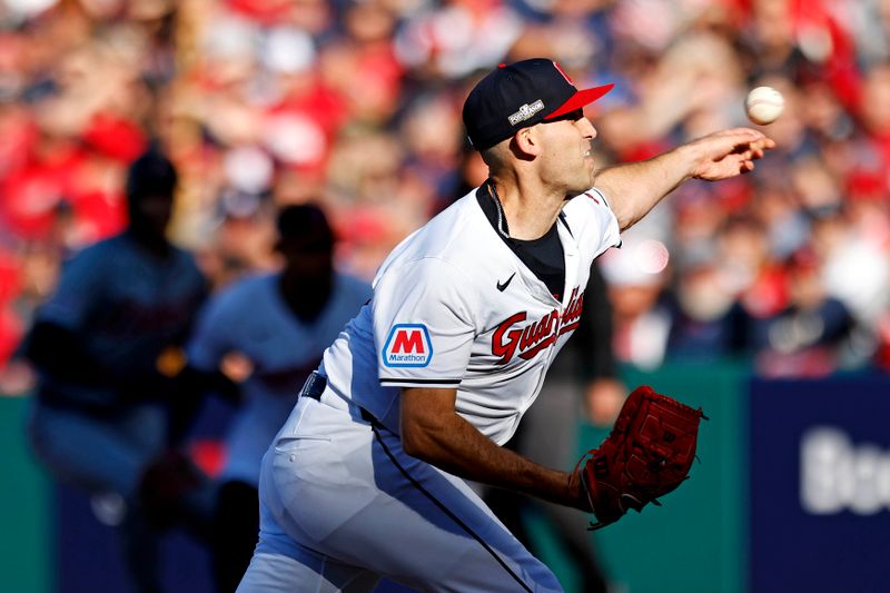 Oct 7, 2024; Cleveland, Ohio, USA; Cleveland Guardians pitcher Matthew Boyd (16) pitches during the second inning against the Detroit Tigers during game two of the ALDS for the 2024 MLB Playoffs at Progressive Field. Mandatory Credit: Scott Galvin-Imagn Images