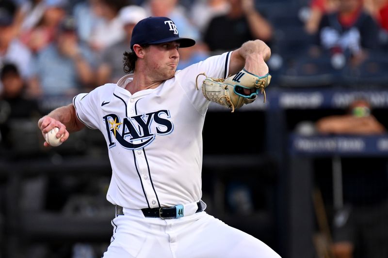 May 8, 2025; St. Petersburg, Florida, USA; Tampa Bay Rays starting pitcher Ryan Pepiot (44) throws a pitch in the first inning against the Philadelphia Phillies at George M. Steinbrenner Field. Mandatory Credit: Jonathan Dyer-Imagn Images
