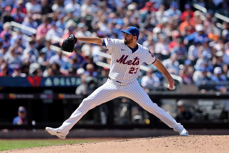 Apr 23, 2025; New York City, New York, USA; New York Mets starting pitcher David Peterson (23) pitches against the Philadelphia Phillies during the fourth inning at Citi Field. Mandatory Credit: Brad Penner-Imagn Images