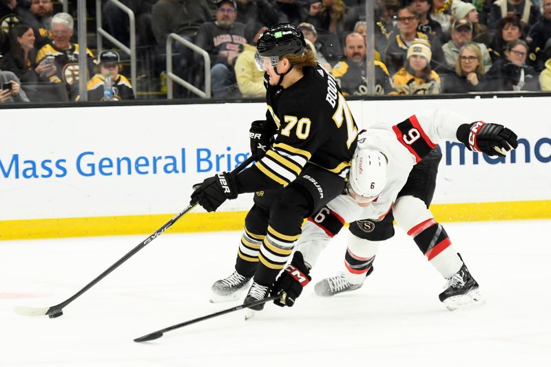 Mar 19, 2024; Boston, Massachusetts, USA;  Boston Bruins center Jesper Boqvist (70) skates past Ottawa Senators center Josh Norris (9) during the third period at TD Garden. Mandatory Credit: Bob DeChiara-USA TODAY Sports