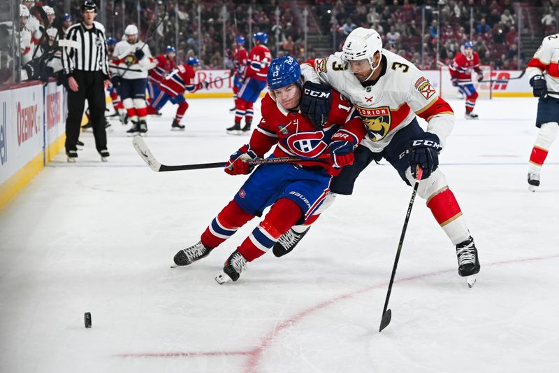 Mar 15, 2025; Montreal, Quebec, CAN; Florida Panthers defenseman Seth Jones (3) defends agains tMontreal Canadiens right wing Cole Caufield (13) in the third period at Bell Centre. Mandatory Credit: David Kirouac-Imagn Images