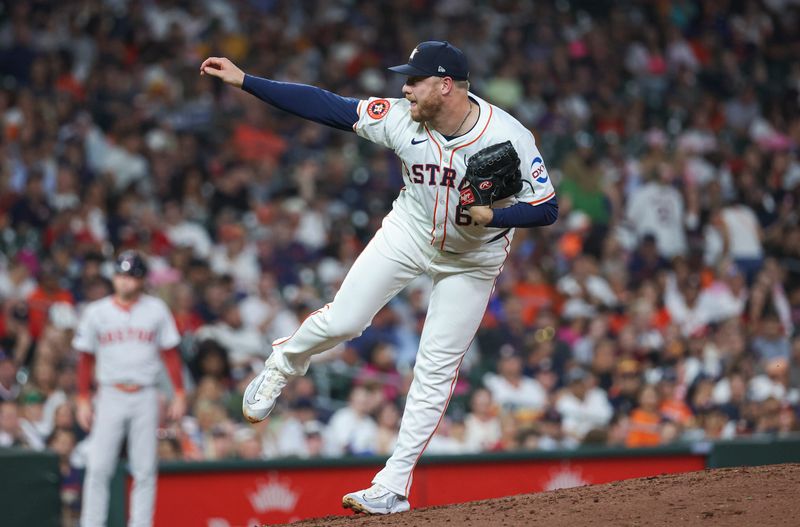 Aug 20, 2024; Houston, Texas, USA; Houston Astros relief pitcher Kaleb Ort (63) delivers a pitch during the eighth inning against the Boston Red Sox at Minute Maid Park. Mandatory Credit: Troy Taormina-USA TODAY Sports