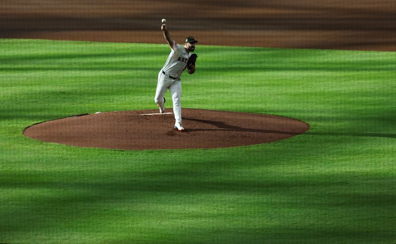 May 18, 2024; Houston, Texas, USA; Houston Astros starting pitcher Justin Verlander (35) pitches against the Milwaukee Brewers in the second inning at Minute Maid Park. Mandatory Credit: Thomas Shea-USA TODAY Sports