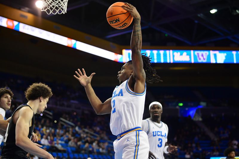 January 14, 2024; Los Angeles, California, USA; UCLA Bruins guard Dylan Andrews (2) gets the rebound against the Washington Huskies during the first half at Pauley Pavilion. Mandatory Credit: Gary A. Vasquez-USA TODAY Sports