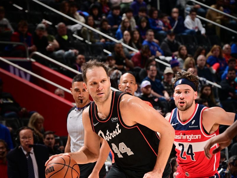 DETROIT, MI - JANUARY 27: Bojan Bogdanovic #44 of the Detroit Pistons handles the ball during the game against the Washington Wizards on January 27, 2024 at Little Caesars Arena in Detroit, Michigan. NOTE TO USER: User expressly acknowledges and agrees that, by downloading and/or using this photograph, User is consenting to the terms and conditions of the Getty Images License Agreement. Mandatory Copyright Notice: Copyright 2024 NBAE (Photo by Chris Schwegler/NBAE via Getty Images)