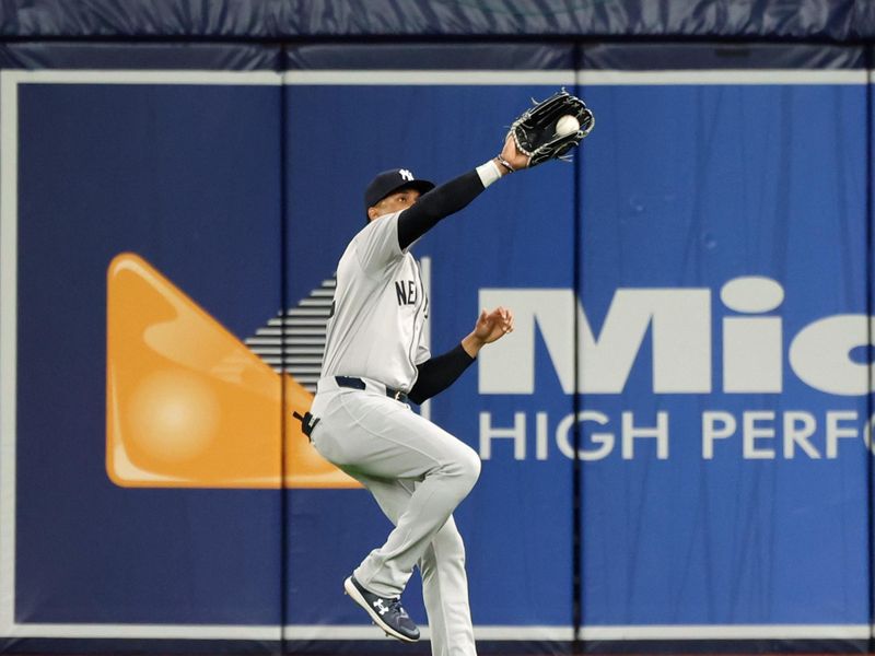 May 10, 2024; St. Petersburg, Florida, USA;  New York Yankees outfielder Juan Soto (22) catches the fly ball against the Tampa Bay Rays during the second inning at Tropicana Field. Mandatory Credit: Kim Klement Neitzel-USA TODAY Sports