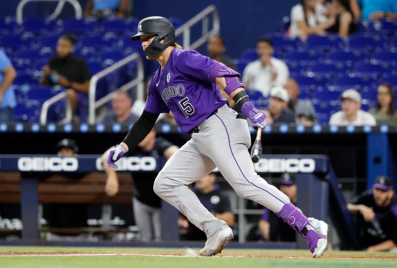 Jun 2, 2025; Miami, Florida, USA;  Colorado Rockies catcher Hunter Goodman (15) heads to first on his single against the Miami Marlins during the first inning at loanDepot Park. Mandatory Credit: Rhona Wise-Imagn Images