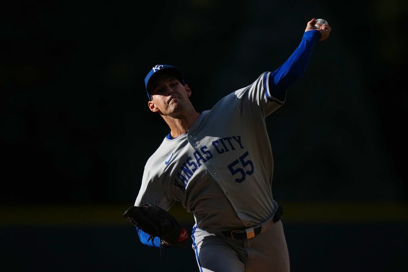 Jul 5, 2024; Denver, Colorado, USA; Kansas City Royals starting pitcher Cole Ragans (55) delivers a pitch in the first inning against the Colorado Rockies at Coors Field. Mandatory Credit: Ron Chenoy-USA TODAY Sports