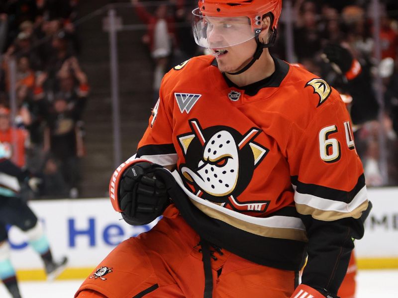Dec 22, 2025; Anaheim, California, USA;  Anaheim Ducks center Mikael Granlund (64) reacts after scoring a goal during the second period against the Seattle Kraken at Honda Center. Mandatory Credit: Kiyoshi Mio-Imagn Images