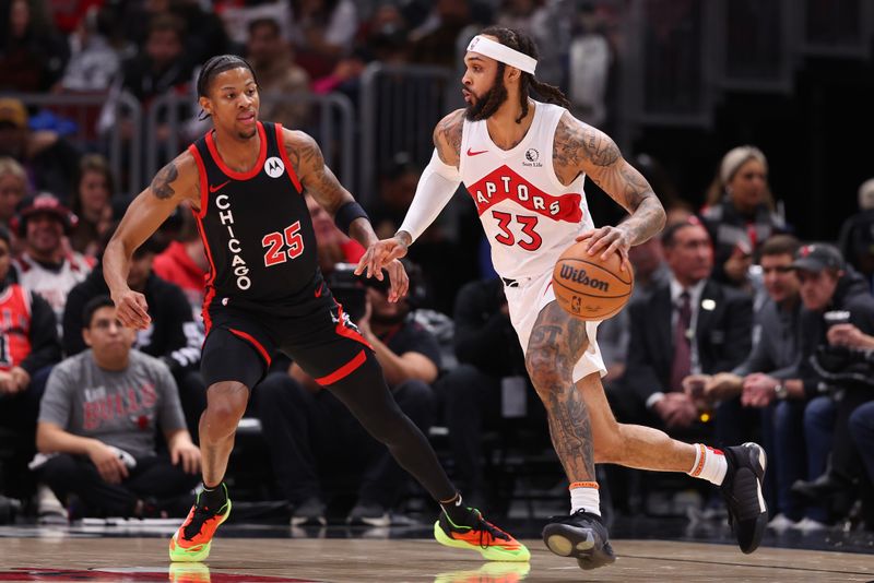 CHICAGO, ILLINOIS - JANUARY 30: Gary Trent Jr. #33 of the Toronto Raptors drives to the basket against Dalen Terry #25 of the Chicago Bulls during the first half at the United Center on January 30, 2024 in Chicago, Illinois. NOTE TO USER: User expressly acknowledges and agrees that, by downloading and or using this photograph, User is consenting to the terms and conditions of the Getty Images License Agreement.  (Photo by Michael Reaves/Getty Images)