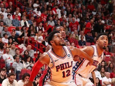 MIAMI, FL - DECEMBER 25:  Tobias Harris #12 of the Philadelphia 76ers boxes out during the game  on December 25, 2023 at Kaseya Center Arena in Miami, Florida. NOTE TO USER: User expressly acknowledges and agrees that, by downloading and or using this Photograph, user is consenting to the terms and conditions of the Getty Images License Agreement. Mandatory Copyright Notice: Copyright 2023 NBAE (Photo by Issac Baldizon/NBAE via Getty Images)