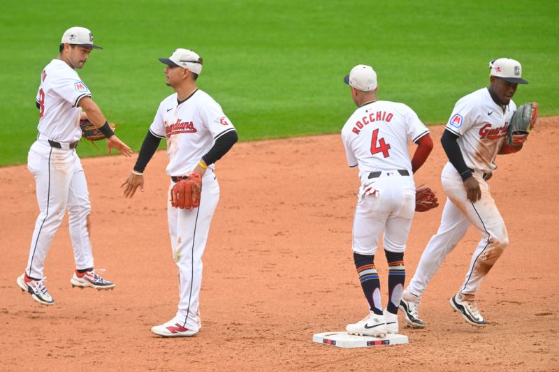 Jul 4, 2024; Cleveland, Ohio, USA; The Cleveland Guardians celebrate a win over the Chicago White Sox at Progressive Field. Mandatory Credit: David Richard-USA TODAY Sports