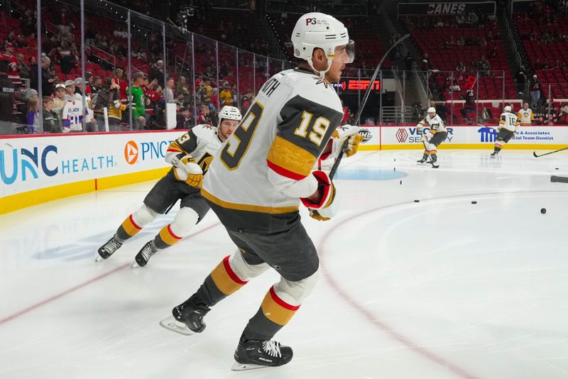 Mar 11, 2023; Raleigh, North Carolina, USA; Vegas Golden Knights right wing Reilly Smith (19) heads out onto the ice before the game against the Carolina Hurricanes at PNC Arena. Mandatory Credit: James Guillory-USA TODAY Sports