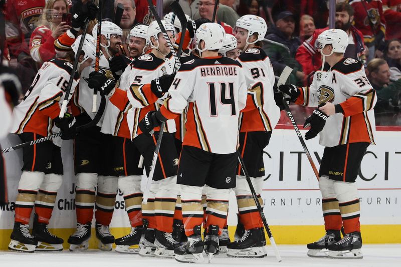 Jan 15, 2024; Sunrise, Florida, USA; Anaheim Ducks players celebrate a game-winning goal by left wing Alex Killorn (17) against the Florida Panthers during overitme at Amerant Bank Arena. Mandatory Credit: Sam Navarro-USA TODAY Sports