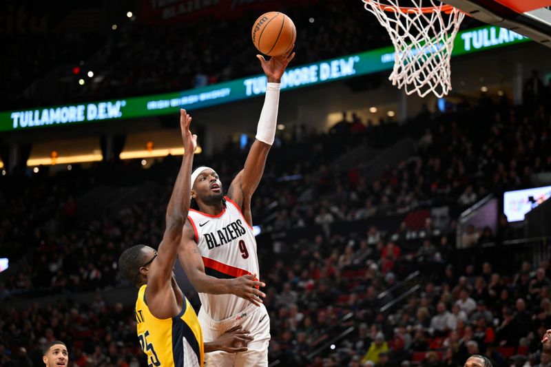 PORTLAND, OREGON - JANUARY 19: Jerami Grant #9 of the Portland Trail Blazers shoots the ball during the third quarter of the game against the Indiana Pacers at the Moda Center on January 19, 2024 in Portland, Oregon. The Portland Trail Blazers won 118-115. NOTE TO USER: User expressly acknowledges and agrees that, by downloading and or using this photograph, User is consenting to the terms and conditions of the Getty Images License Agreement. (Photo by Alika Jenner/Getty Images)