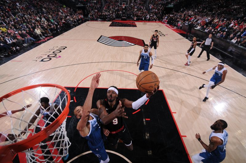 PORTLAND, OR - FEBRUARY 15: Jerami Grant #9 of the Portland Trail Blazers drives to the basket during the game against the Minnesota Timberwolves on February 15, 2024 at the Moda Center Arena in Portland, Oregon. NOTE TO USER: User expressly acknowledges and agrees that, by downloading and or using this photograph, user is consenting to the terms and conditions of the Getty Images License Agreement. Mandatory Copyright Notice: Copyright 2024 NBAE (Photo by Cameron Browne/NBAE via Getty Images)