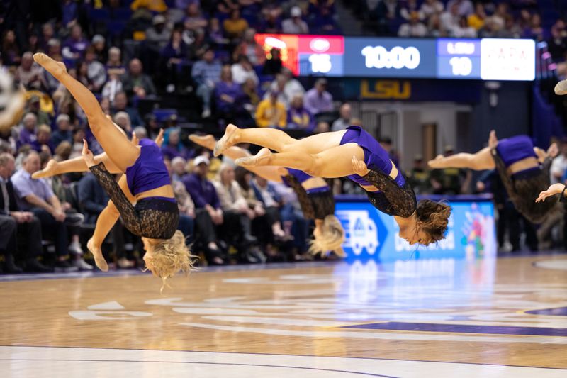 Feb 2, 2023; Baton Rouge, Louisiana, USA;  LSU Lady Tigers cheerleaders perform against the Georgia Lady Bulldogs during the first half at Pete Maravich Assembly Center. Mandatory Credit: Stephen Lew-USA TODAY Sports