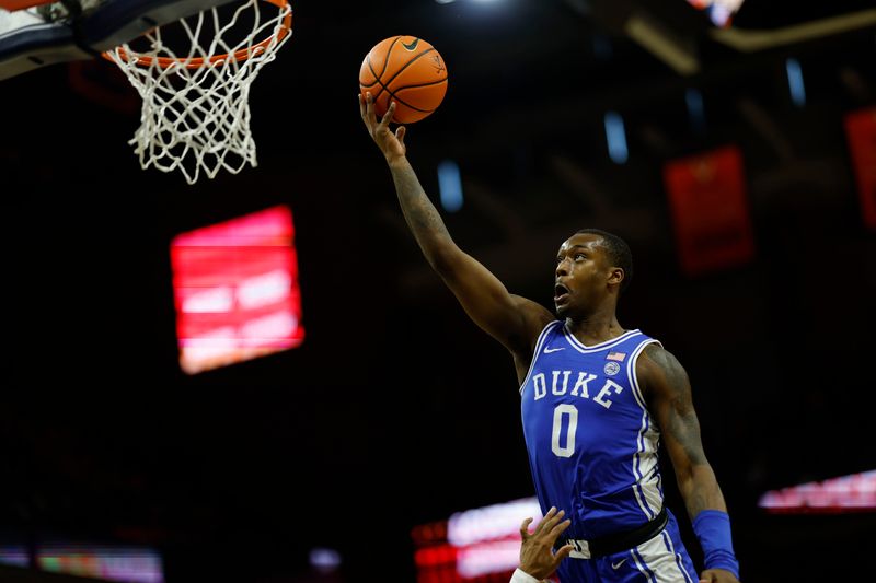 Feb 11, 2023; Charlottesville, Virginia, USA; Duke Blue Devils forward Dariq Whitehead (0) shoots the ball against the Virginia Cavaliers in the first half at John Paul Jones Arena. Mandatory Credit: Geoff Burke-USA TODAY Sports