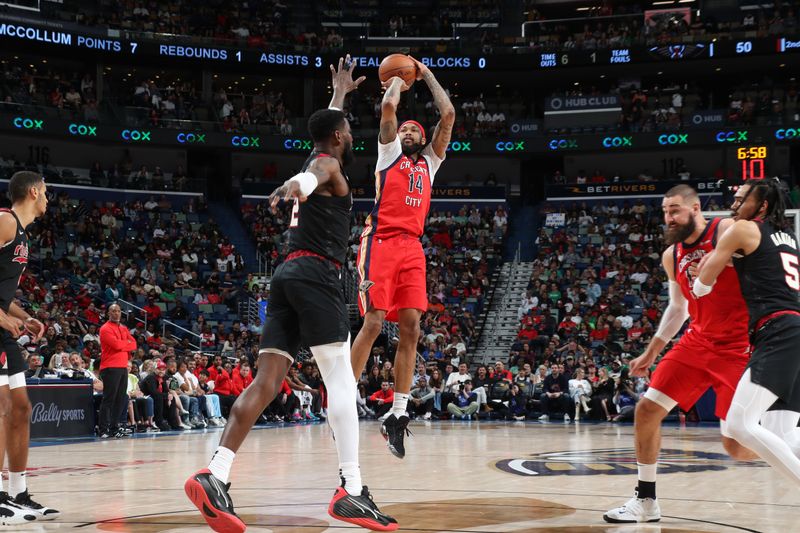 NEW ORLEANS, LA - MARCH 16: Brandon Ingram #14 of the New Orleans Pelicans shoots the ball during the game against the Portland Trail Blazers on March 16, 2024 at the Smoothie King Center in New Orleans, Louisiana. NOTE TO USER: User expressly acknowledges and agrees that, by downloading and or using this Photograph, user is consenting to the terms and conditions of the Getty Images License Agreement. Mandatory Copyright Notice: Copyright 2024 NBAE (Photo by Layne Murdoch Jr./NBAE via Getty Images)