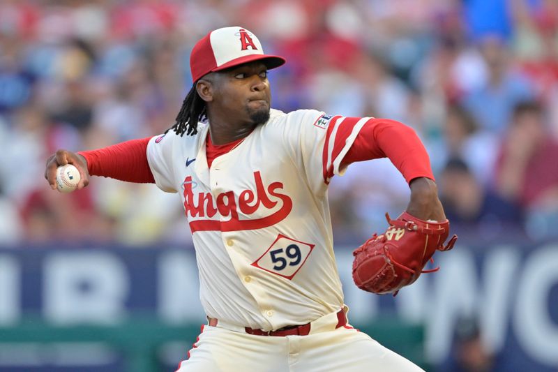 Jul 13, 2024; Anaheim, California, USA;  Jose Soriano #59 of the Los Angeles Angels delivers to the plate in the first inning against the Seattle Mariners at Angel Stadium. Mandatory Credit: Jayne Kamin-Oncea-USA TODAY Sports