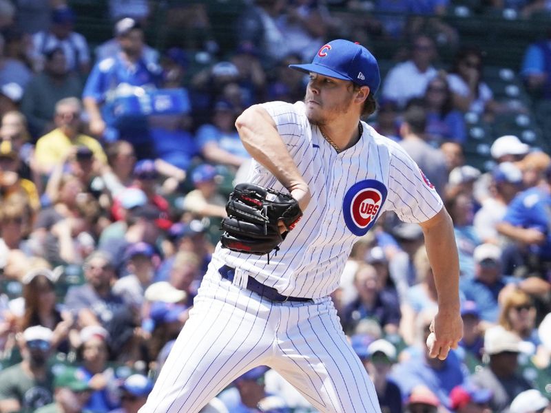 May 31, 2023; Chicago, Illinois, USA; Chicago Cubs starting pitcher Justin Steele (35) throws the ball against the Tampa Bay Rays during the first inning at Wrigley Field. Mandatory Credit: David Banks-USA TODAY Sports
