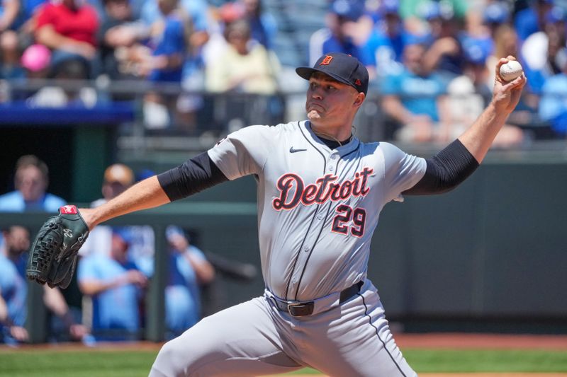 May 22, 2024; Kansas City, Missouri, USA; Detroit Tigers starting pitcher Tarik Skubal (29) delivers a pitch against the Kansas City Royals in the first inning at Kauffman Stadium. Mandatory Credit: Denny Medley-USA TODAY Sports